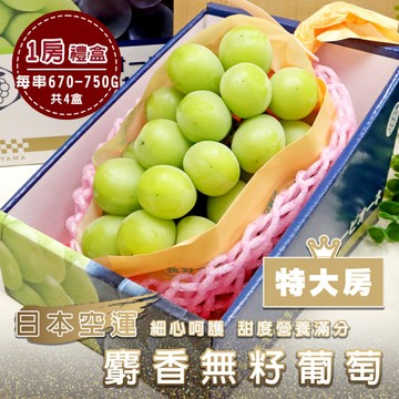 【WANG 蔬果】日本空運麝香無籽葡萄_特大房(4盒_淨重670-750g/串)