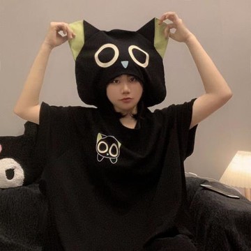 黑色羅小黑睡裙女春夏季短袖純棉可愛大碼家居服長款睡衣可外穿秋