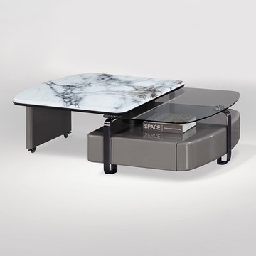 Boden-瑞斯3尺超晶石面旋轉大茶几/設計款造型茶几(超晶石+強化玻璃)-90x70x39cm