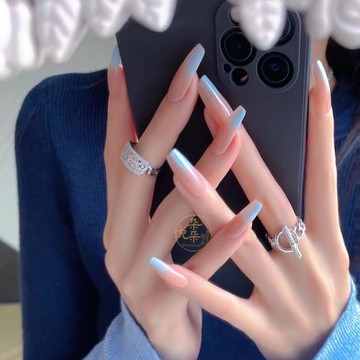 穿戴甲中長款粉藍暈染冰藍裸粉純欲溫柔風美甲貼片白富美大小姐范