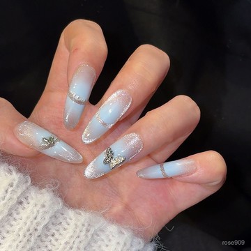 ✨Hannah✨純手工【鏤空法式】藍色暈染漸變貓眼高級簡約金屬蝴蝶長款穿戴甲精緻穿戴甲 PW1F