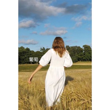 波蘭單貴貨法式浪漫女人味方領褶皺泡泡袖長款白色連衣裙