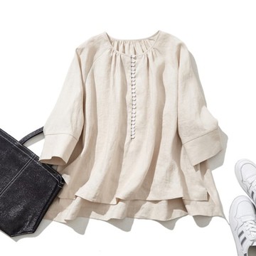 流動感亞麻襯衫 自然皺褶光影 經典米色 230404-1