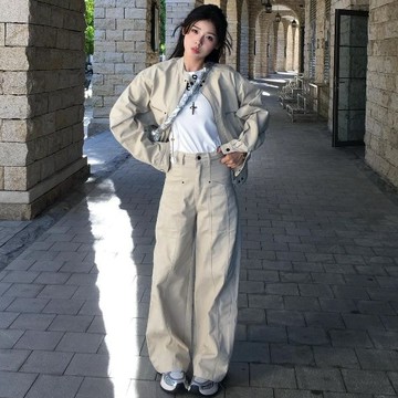【董小姐】個性通勤  闊腿牛仔褲  美式復古  工裝牛仔褲女  寬鬆直筒拖地  闊腿褲墜感長褲 高腰闊腿褲