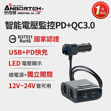 【安伯特】酷電大師 智能電壓監控QC3.0 4孔車充 2孔+2USB (國家認證 一年保固)