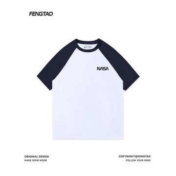 美式復古潮牌NASA撞色插肩純棉短袖T恤男夏季高街半袖拼接上衣服