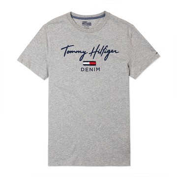 Tommy Hilfiger 熱銷刺繡草寫文字Logo圖案短袖T恤-灰色
