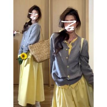 法式灰色假兩件針織套裝連衣裙子女2026年新款小個子香風氣質長裙