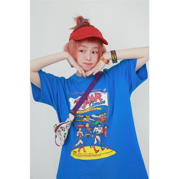 ZZZ自制美式復古童趣卡通漫畫風印花寬松休閑百搭藍色棉麻短袖T恤