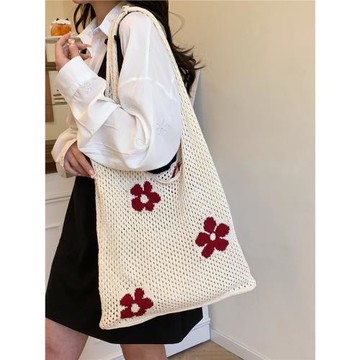 跨境包包日韓復古ins棉線編織針織單肩包包手提花朵沙灘度假女包