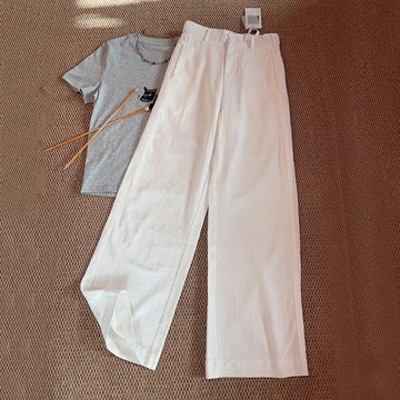＊ORead＊亞麻薄款抽繩高腰直筒休閒寬褲(白色S~XL)