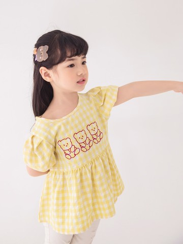 清新格紋可愛熊熊刺繡前短後長傘擺澎袖上衣