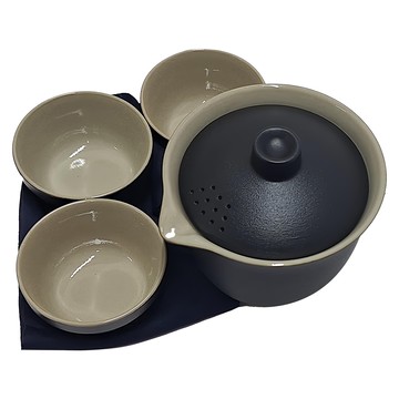 粗陶旅行茶具組  茶壺 + 茶杯3個 + 茶巾 + 收納袋  黑色  1組