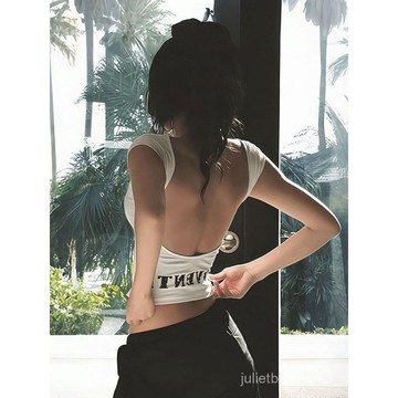 ♡ 𝑪𝒉𝒊𝒄 𝒖 ♡美式白色辣妹正肩短袖T恤女夏季法式掐腰緊身高腰大露背短款上衣