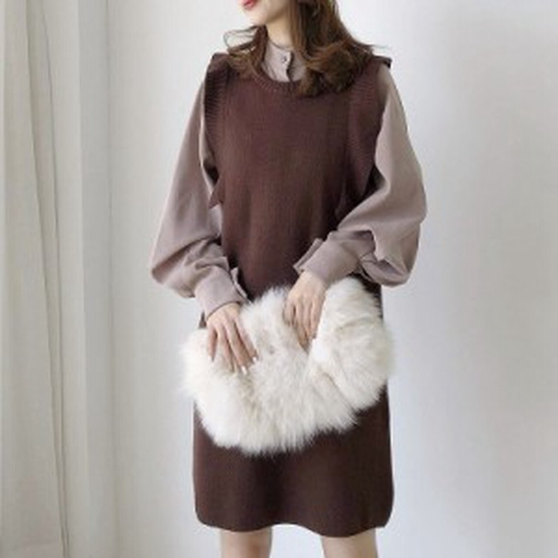 レディース ワンピース ノースリーブ ニットワンピ フリル ミニ丈 長袖 ベージュ ブラウン 茶色 フリーサイズ 送料無料 通販 Lineポイント最大5 0 Get Lineショッピング