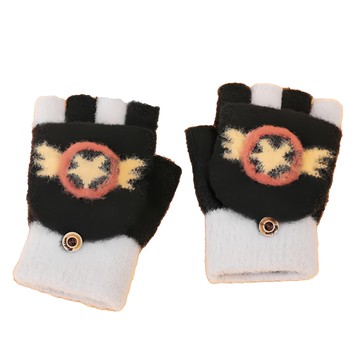 KoriDeer兒童保暖針織毛線翻蓋五指露指手套 - 英雄盾牌 3~6歲-黑色