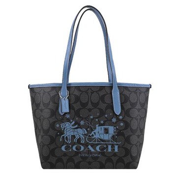 COACH CM183 馬車LOGO印花手提肩背小款托特包.黑灰/藍
