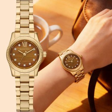 Michael Kors MK Lexington 晶鑽氣質小錶徑女錶 開學換新季 送禮推薦-棕x金/26mm MK7578