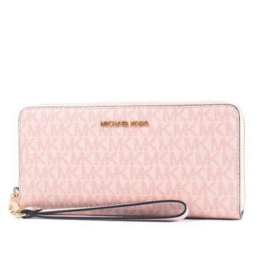 MICHAEL KORS 金字緹花LOGO防刮皮革多卡層手掛式拉鍊長夾-霧粉