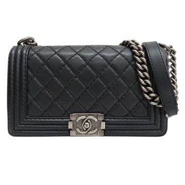 CHANEL 香奈兒 黑色 羊皮 Boy25 鍊帶肩背包 銀釦 (無卡) 【二手名牌BRAND OFF】