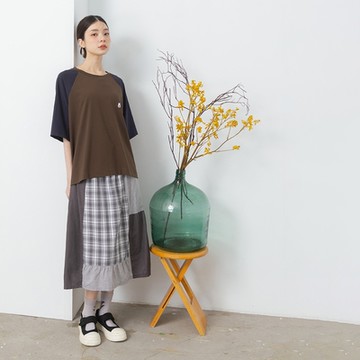 【MOSS CLUB】雙面兩穿大小格拼接抽皺長裙 黑 灰