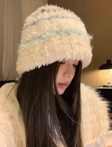 毛絨絨條紋帽子女冬季顯臉小針織帽保暖韓版可愛大頭圍護耳毛線帽