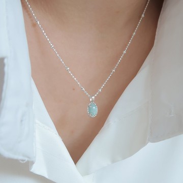 925純銀 海藍寶 細麻花邊 爪鑲 項鍊 (2種鍊型可選) 免費包裝