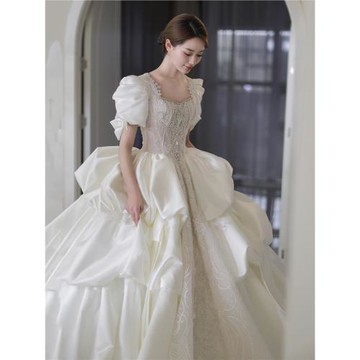 法式緞面輕婚紗2025新款新娘主紗重工孕婦大碼胖mm小個子高級質感