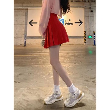 紅色百褶裙女夏高腰a字顯瘦啦啦隊短裙學院風春秋西裝面料半身裙