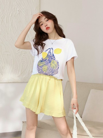 純棉檸檬手繪風印花短袖上衣