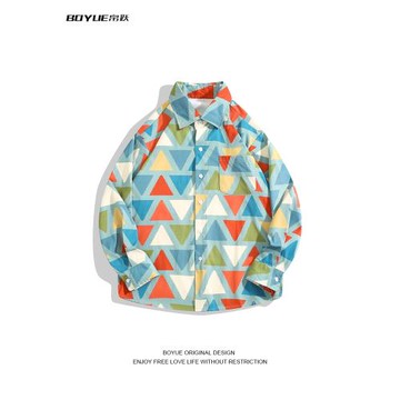 BOYUE帛躍ins彩色三角印花長袖襯衣潮男旅游復古幾何小眾情侶襯衫