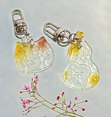 海棠花貓咪造型 吊飾 鑰匙圈 貓咪 窯燒玻璃 鑰匙圈 海棠花