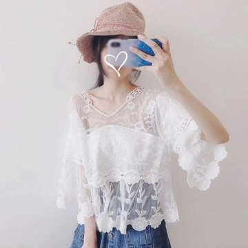 【免運】夏季新款荷葉袖套頭上衣女蕾絲刺繡套頭打底衫寬鬆網紗鏤空防曬衫FMD