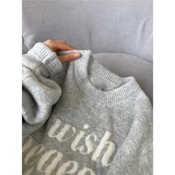 美式復古字母提花灰色毛衣女秋冬寬松外穿慵懶風圓領軟糯針織上衣