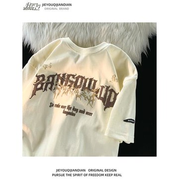 美式高街嘻哈個性印花短袖T恤男女復古潮牌休閑情侶百搭半袖上衣