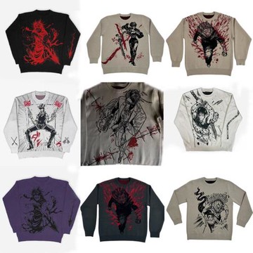 歐美風y2k外套男女寬松套頭衫嘻哈動漫提花針織衫保暖毛衣sweater