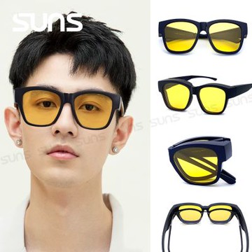 【SUNS】夜視偏光套鏡 近視用外掛式折疊墨鏡 抗UV400+濾藍光 降低對向車道大燈閃盲