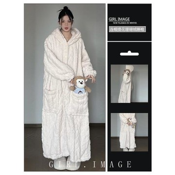 珊瑚絨睡袍冬款女加絨加厚提花法蘭絨睡衣女冬天保暖長款連帽睡裙