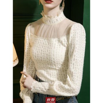 秋微提花蕾絲衫女2023秋冬季新款設計感木耳邊立領打底衫百搭上衣