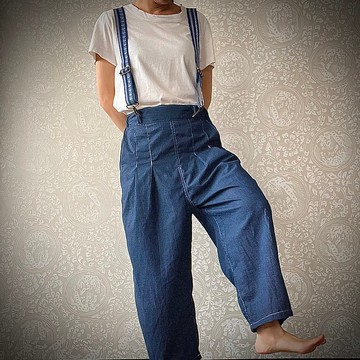 盛夏仿牛仔褲 男士木棉浴衣布料製成的牛仔風格男女皆宜褲款 附腰帶吊帶