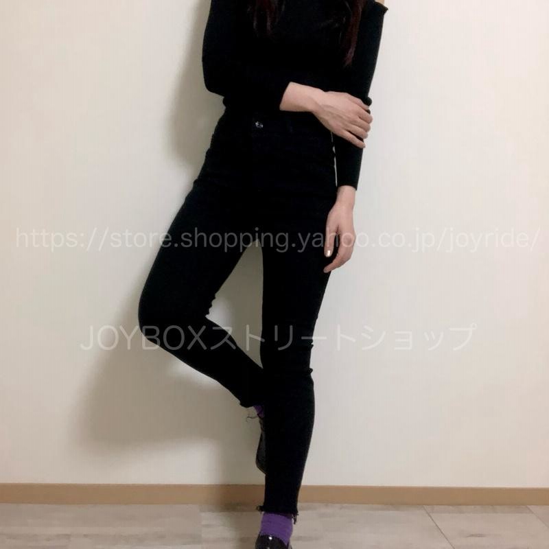 スキニー デニム パンツ ジーンズ ハイウエスト 黒 韓国