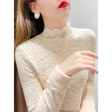 加絨半高領蕾絲打底衫女秋冬款內搭洋氣高端小衫加厚保暖網紗上衣