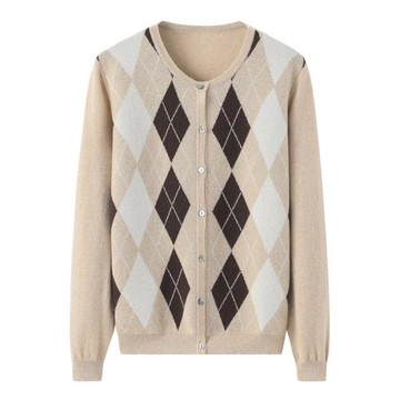 加厚100純山羊絨衫女圓領開衫大碼毛衣秋冬寬松菱形格毛衫E2328