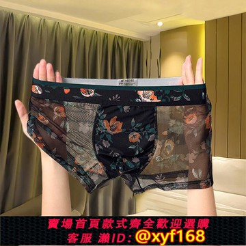 {可打統編 保固一年}男士內褲冰絲四角男款夏季透氣網紗超薄透明性感蕾絲男生短褲男夏