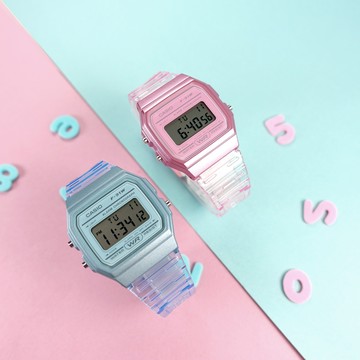 CASIO / F-91WS-2.F-91WS-4 /  卡西歐 方形造型 果凍漸層 電子液晶 橡膠手錶 半透明藍/粉色 35mm