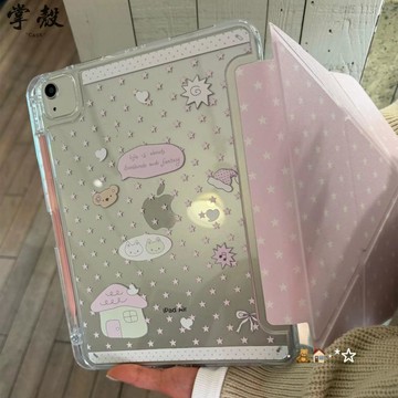 卡通粉色星星小貓 透明平板保護殼 帶筆槽 iPad 10 11 12 Air M4 11吋 Pro M5 A16