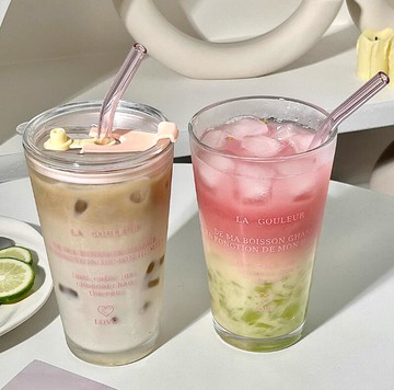 英文印花高顏值吸管水杯早餐杯子大容量咖啡杯玻璃杯帶蓋【繁星小鎮】