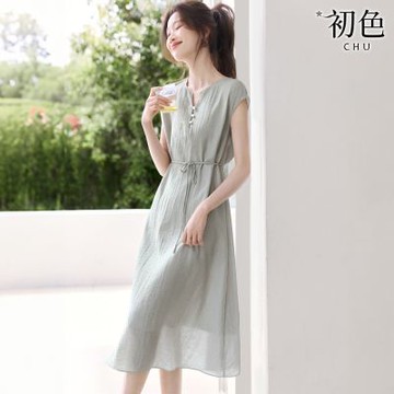 初色 度假風輕薄透氣休閒顯瘦V領短袖連衣裙連身洋裝長洋裝-灰藍色-13059(M-2XL可選)