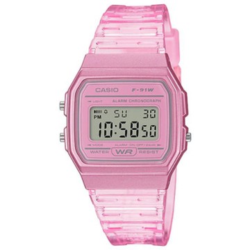 CASIO 春夏活力舞動透明設計感電子休閒錶-透明粉(F-91WS-4) / 考試錶