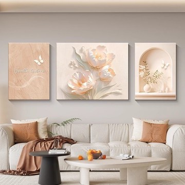 【臺灣公司 可打統編】免運 掛畫 裝飾畫 奶油花卉沙發背景墻裝飾畫現代簡約三聯畫高級肌理客廳掛畫壁畫 可開發票 全館五折 工廠現貨直銷 新品特價 z10076